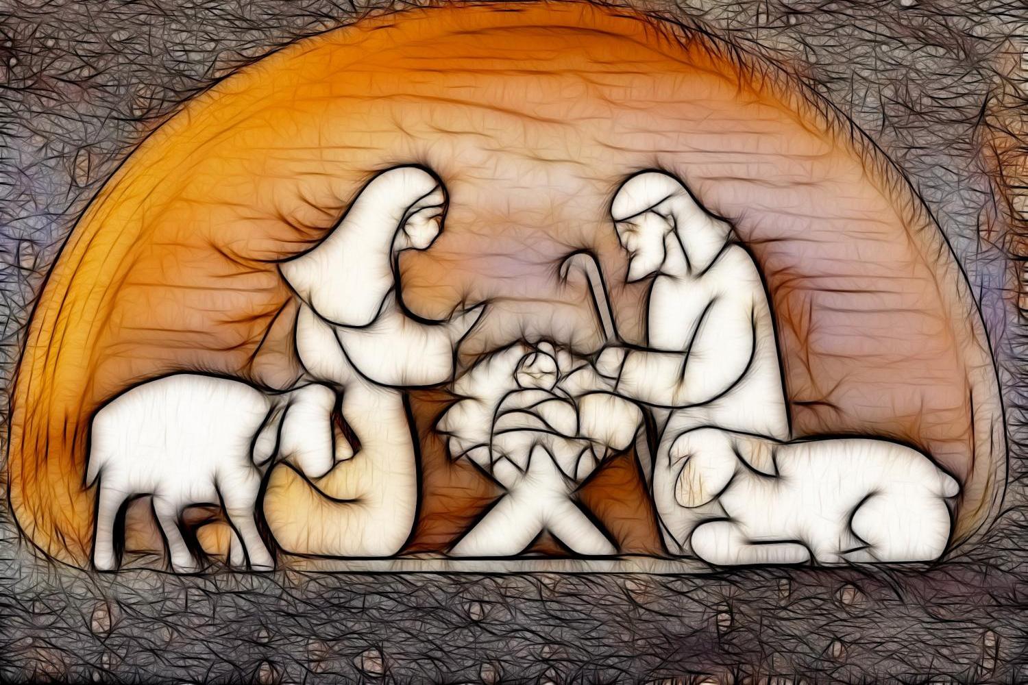 Heilige Familie in der Krippe, Zeichnung (Holzschnitt) mit Josef, Maria und dem Jesuskind in einer Krippe, links und rechts ein Schaf, die Krippe ist wie eine halbrunde Höhle gestaltet