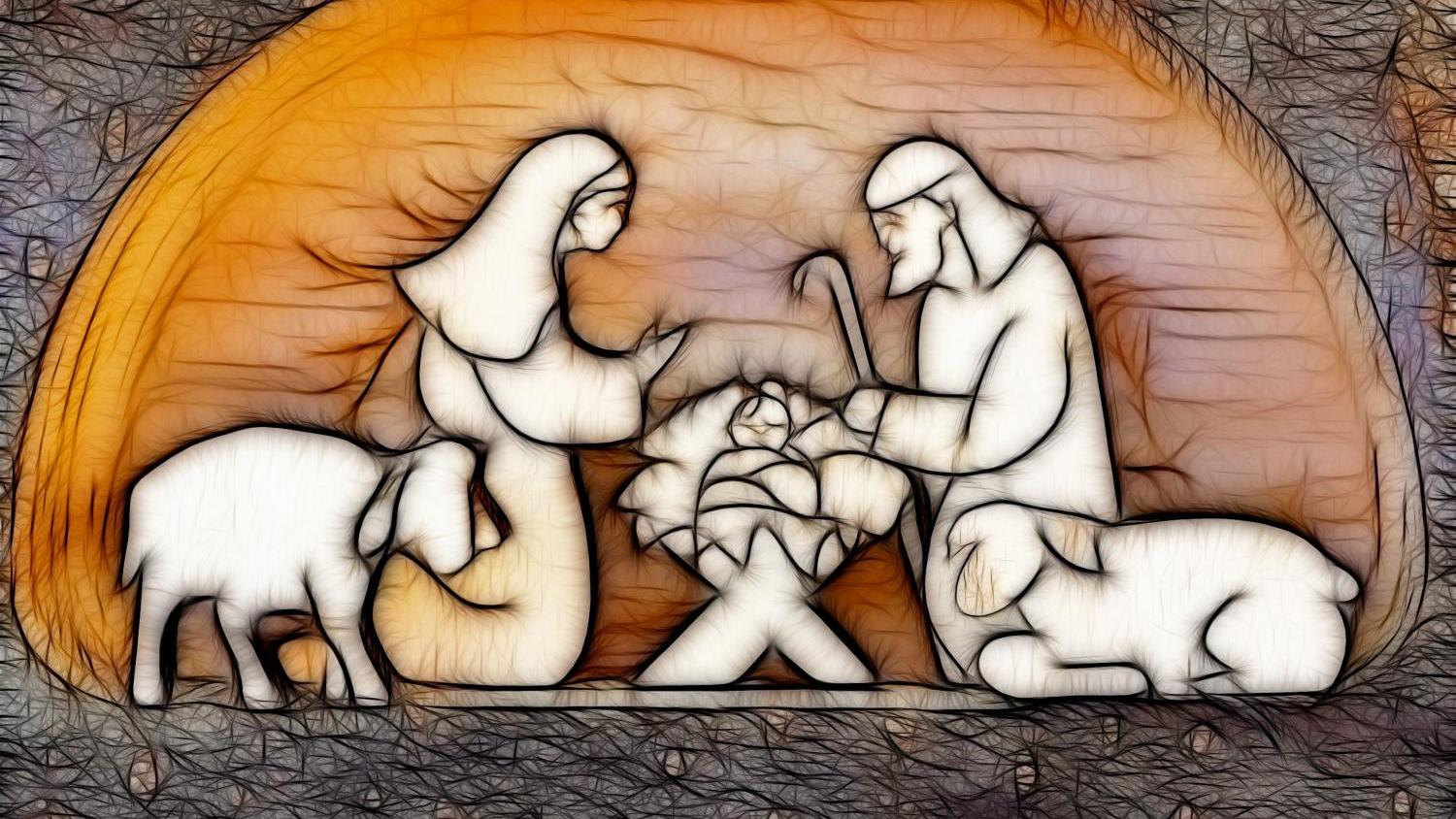 Heilige Familie in der Krippe, Zeichnung (Holzschnitt) mit Josef, Maria und dem Jesuskind in einer Krippe, links und rechts ein Schaf, die Krippe ist wie eine halbrunde Höhle gestaltet