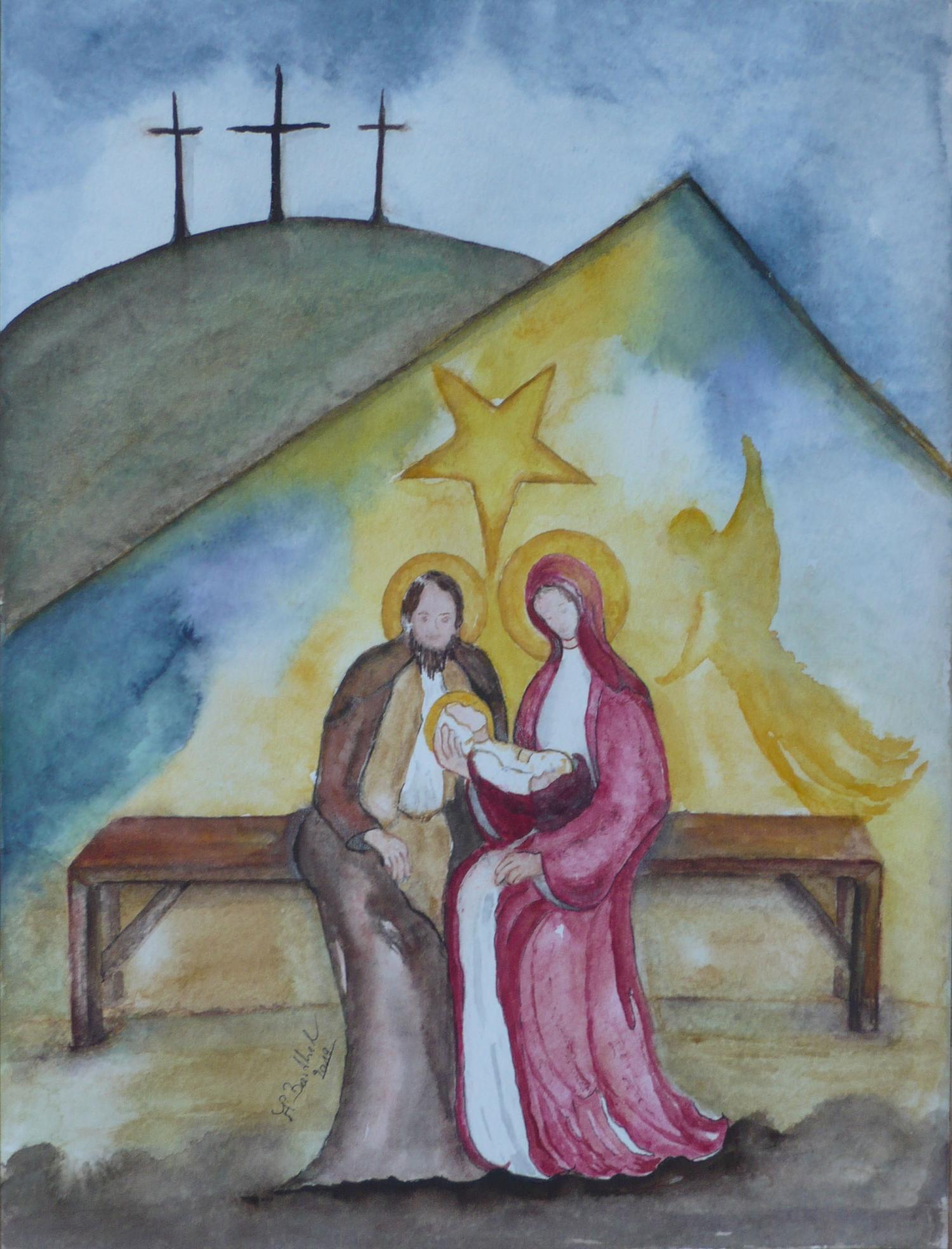 Heilige Familie in der Krippe, Zeichnung (Josef, Maria und mit Jesus auf dem Arm auf eine Bank sitzend, dahinter ist ein Engel und ein Stern zu sehen; im Hintergrund ist allerdings aber auch Golgotha mit den drei Kreuzen abgebildet (c) Bild: Annemarie Barthel In: Pfarrbriefservice.de Heilige Familie in der Krippe, Zeichnung (Josef, Maria und mit Jesus auf dem Arm auf eine Bank sitzend, dahinter ist ein Engel und ein Stern zu sehen; im Hintergrund ist allerdings aber auch Golgotha mit den drei Kreuzen abgebildet