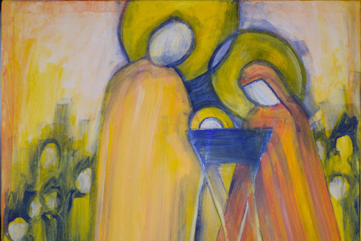 Heilige Familie in der Krippe, als Grafik dargestellt in dezenten Erdfarben, zu sehen Josef, Maria und das Jesuskind in der Krippe, im Hintergrund sind weitere Menschen (vielleicht Hirten) zu sehen