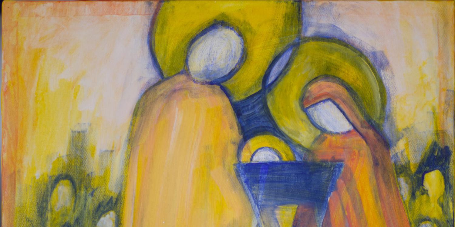 Heilige Familie in der Krippe, als Grafik dargestellt in dezenten Erdfarben, zu sehen Josef, Maria und das Jesuskind in der Krippe, im Hintergrund sind weitere Menschen (vielleicht Hirten) zu sehen