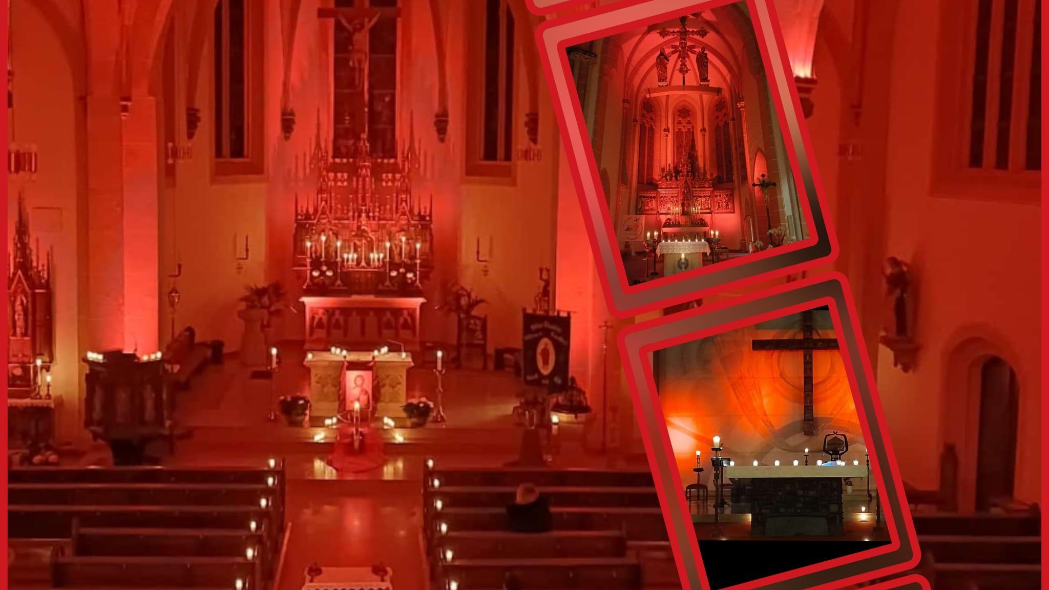Fotos zum Red Wednesday 2025 in Heilig Kreuz Schwalbach -- Impressionen der rot erleuchteten Kirchen (Innen- und Außenaufnahmen)