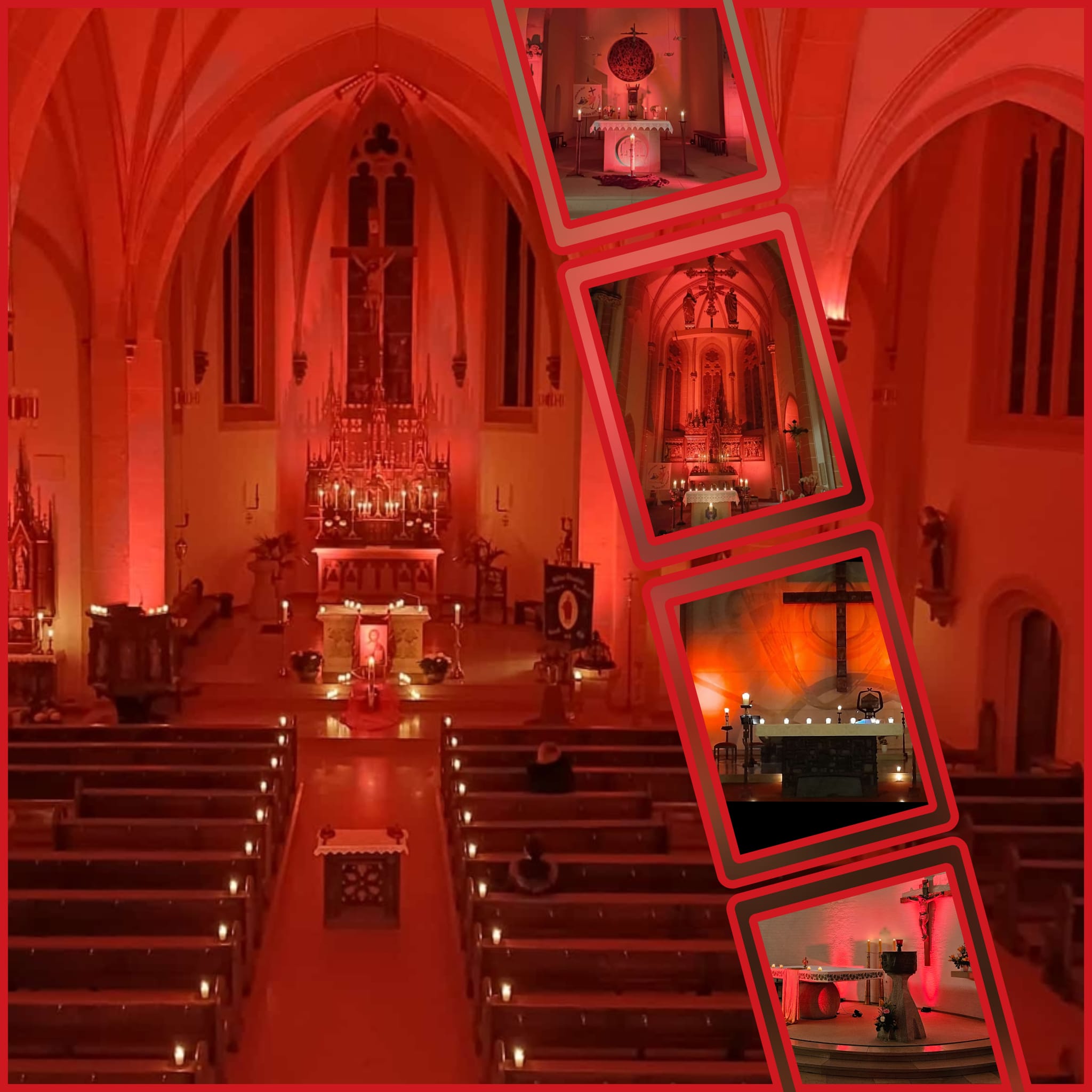 Fotos zum Red Wednesday 2025 in Heilig Kreuz Schwalbach -- Impressionen der rot erleuchteten Kirchen (Innen- und Außenaufnahmen)