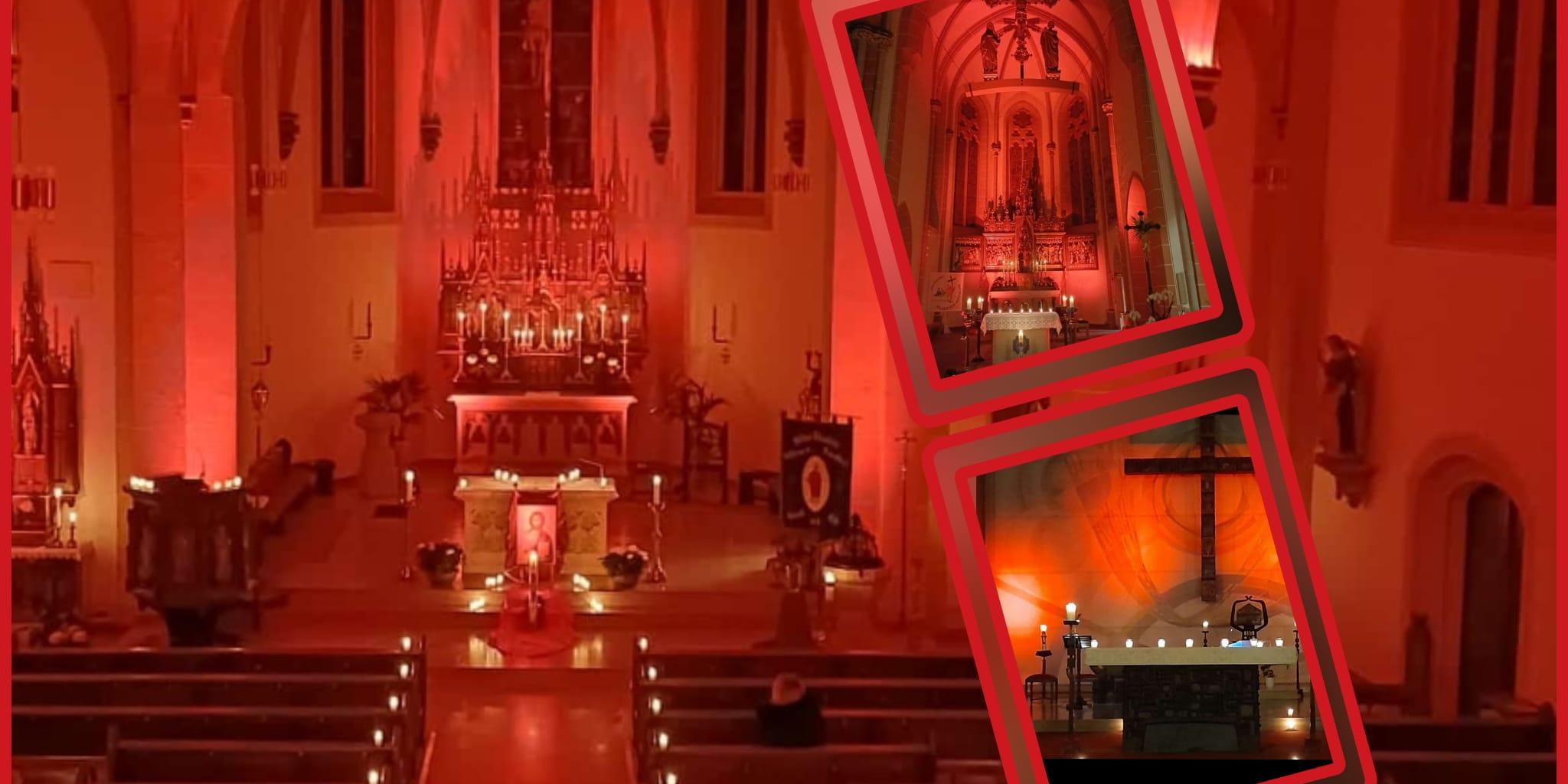 Fotos zum Red Wednesday 2025 in Heilig Kreuz Schwalbach -- Impressionen der rot erleuchteten Kirchen (Innen- und Außenaufnahmen)
