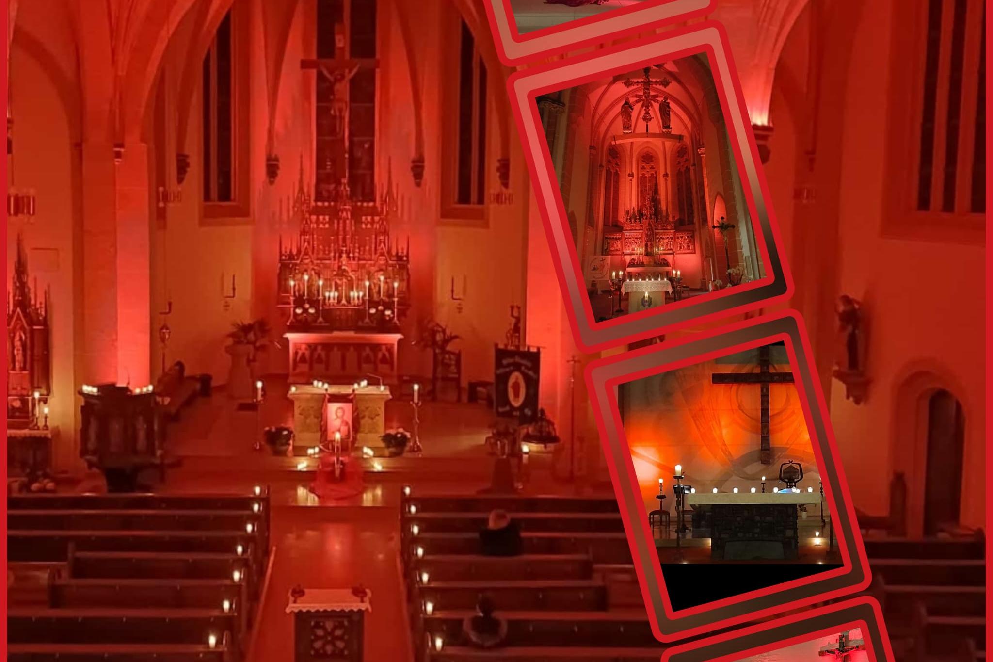 Fotos zum Red Wednesday 2025 in Heilig Kreuz Schwalbach -- Impressionen der rot erleuchteten Kirchen (Innen- und Außenaufnahmen)